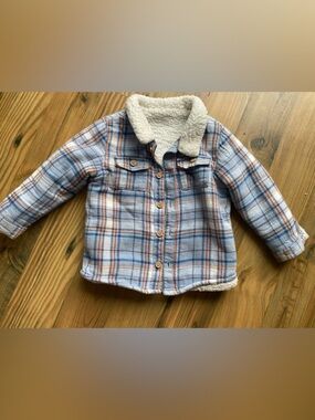 Plaid Sherpa-Lined Button Front Jacket - Light Blue & Cream